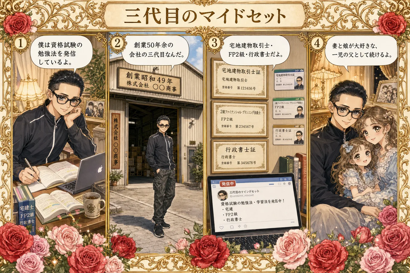 顔写真とプロフィールから生成したロココ調少女漫画風の4コマ漫画例