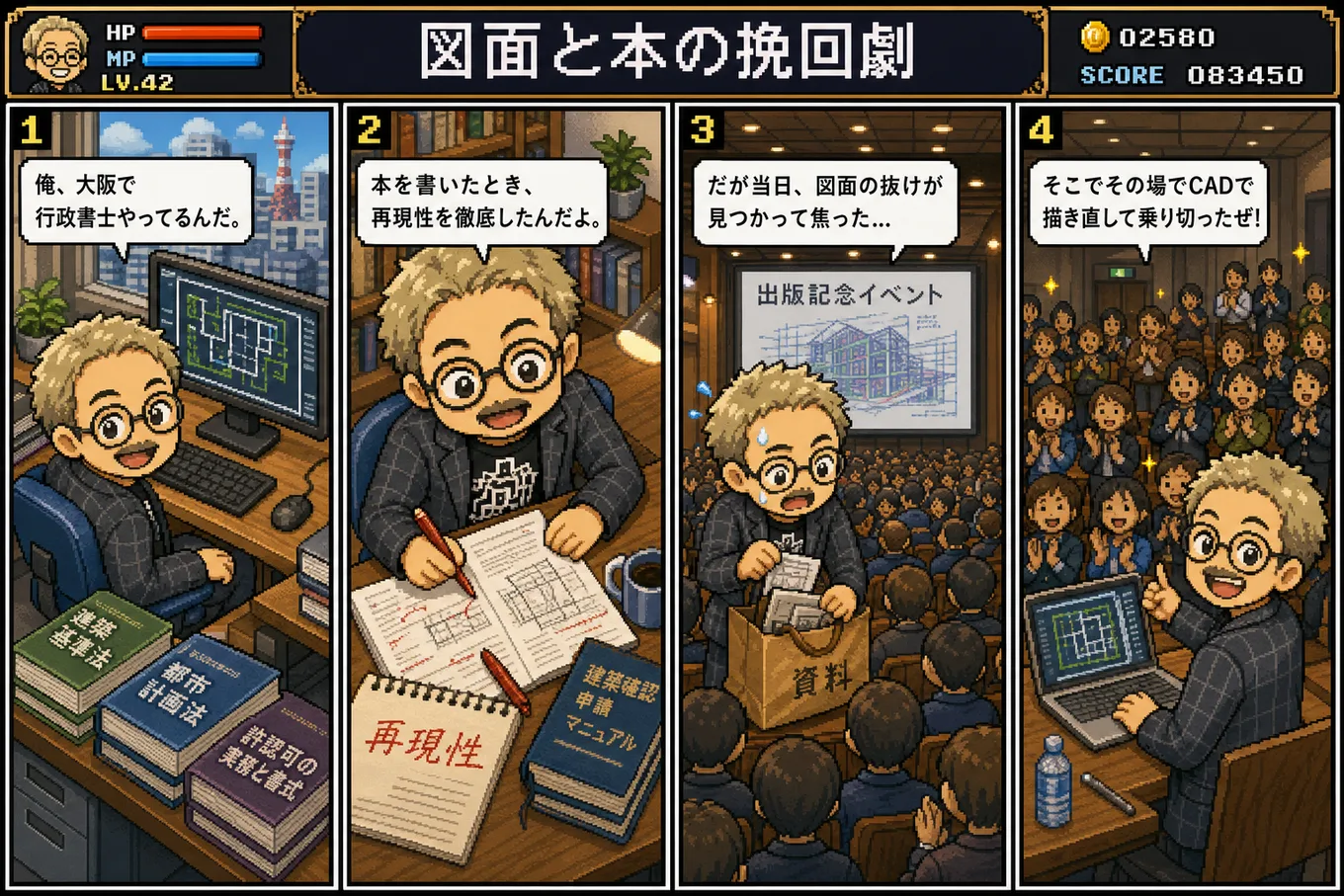 顔写真とプロフィールから生成した16ビットドット絵ゲーム風の4コマ漫画例